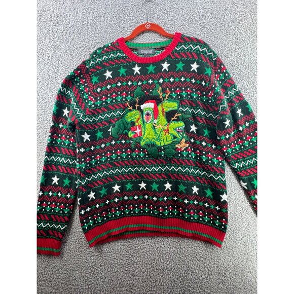33Degrees Christmas Dinosaur Sweater  Green & Red Size Large - Picture 1 of 7